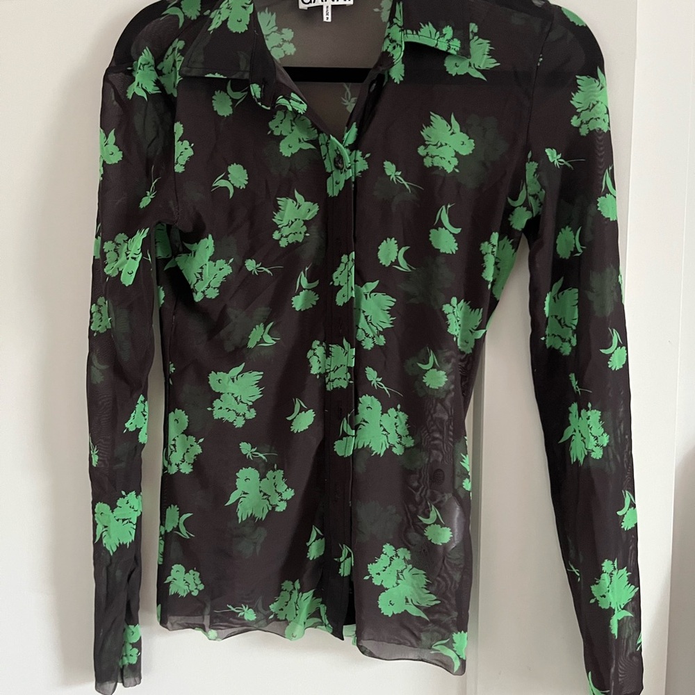 Ganni Sheer Black and Green Floral Blouse sz XS stretchy
